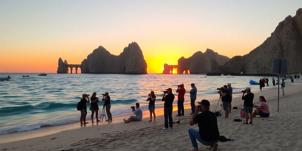 Photographers on a Cabo beach at sunset.