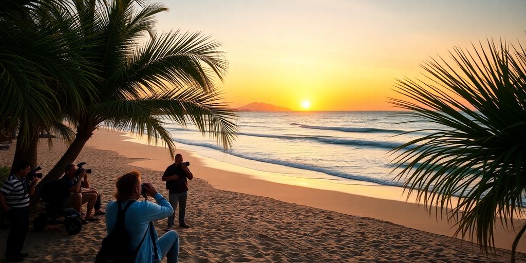 Beach scene in Cabo with photographers and sunset.