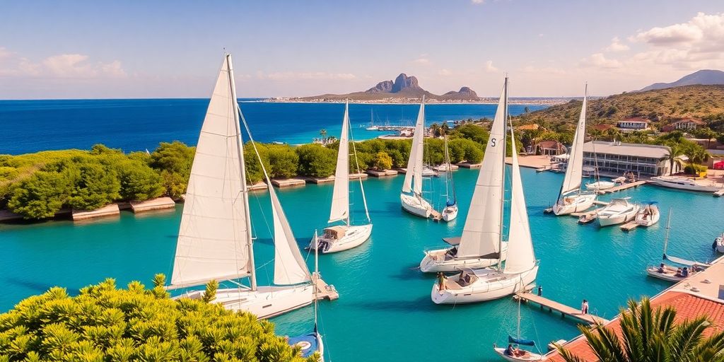 Sailboats in Los Cabos sailing club under clear blue skies.