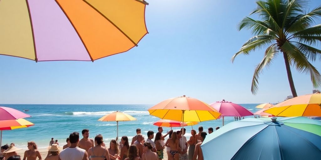 Vibrant beach party scene in Cabo with palm trees.