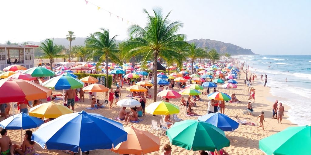 Colorful beach party scene in Cabo with umbrellas and people.