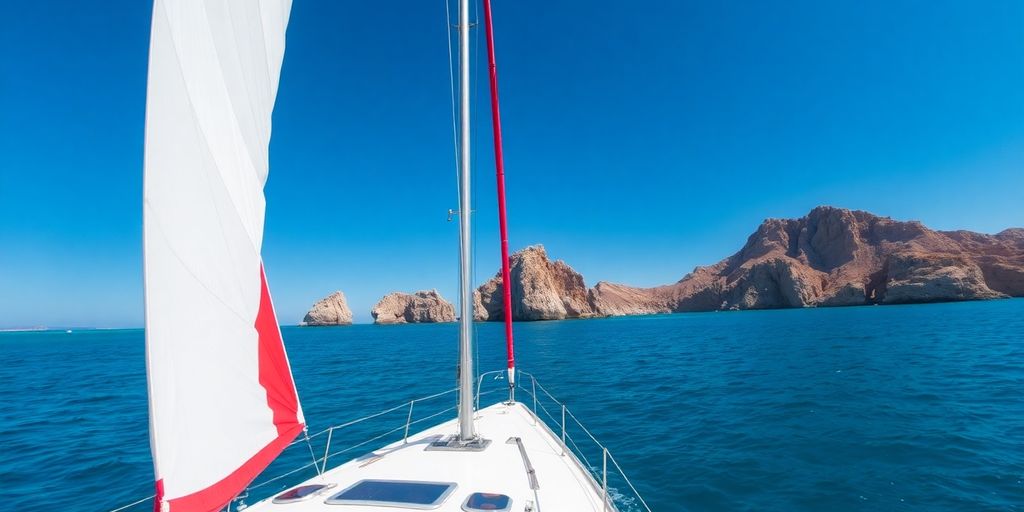 Sailboat on clear blue waters of Los Cabos.