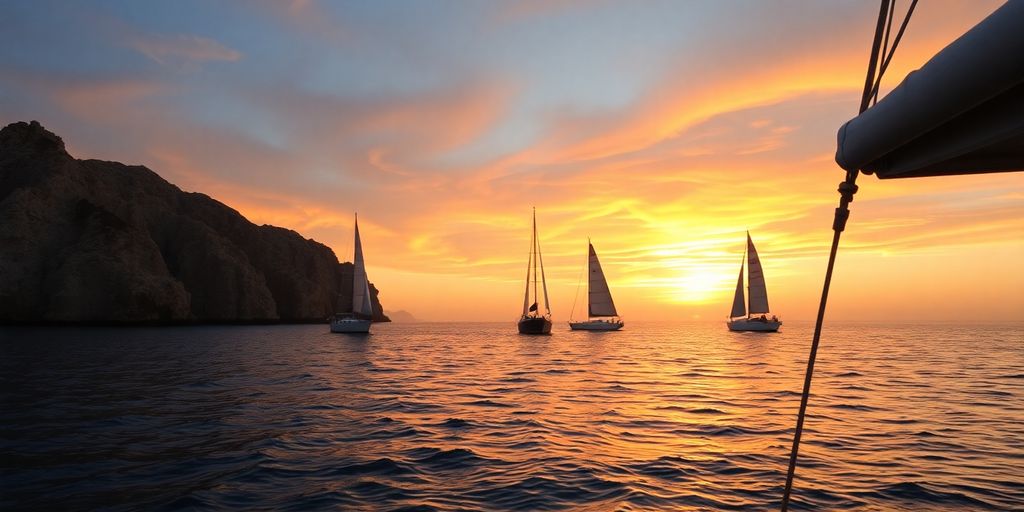 Sailboats on calm waters of Los Cabos at sunset.
