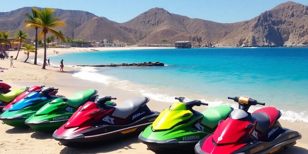 Colorful jet skis on a sunny Los Cabos beach.