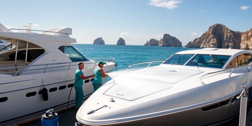 Luxury boat cleaning service in Cabo San Lucas.