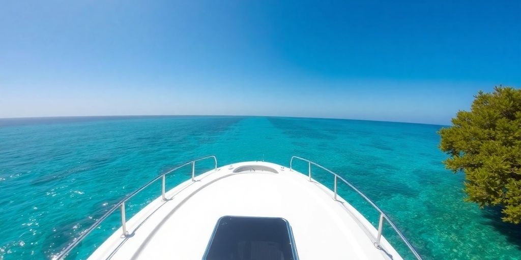 Boat cleaning in Cabo with clear waters and bright sky.