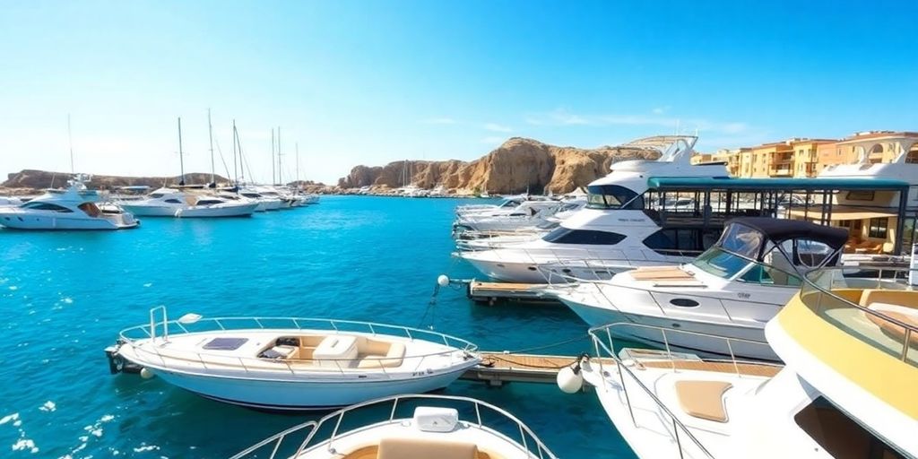 Boats docked in Cabo San Lucas with clear blue water.
