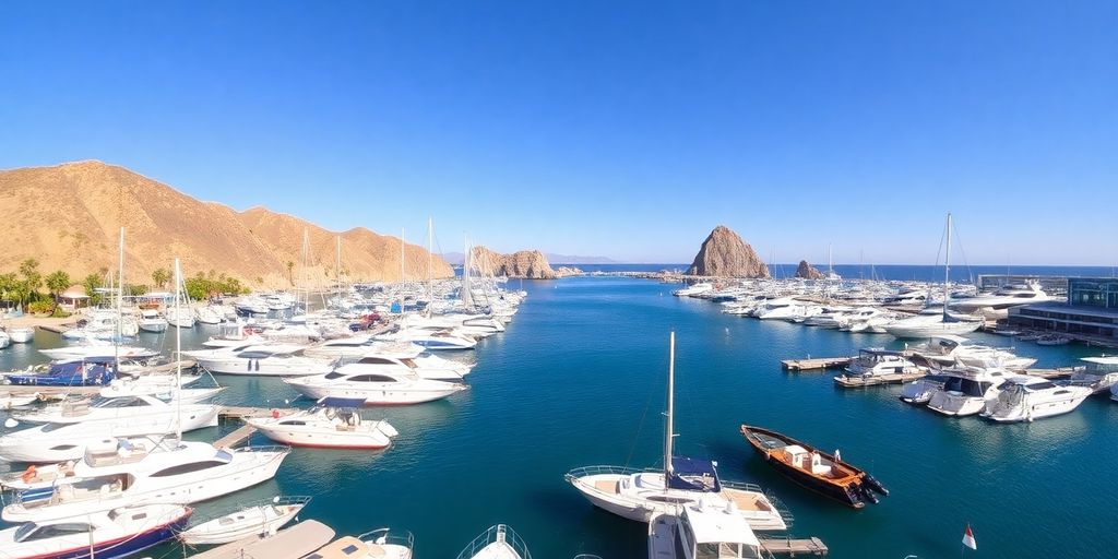 Colorful boats docked in Cabo San Lucas marina.