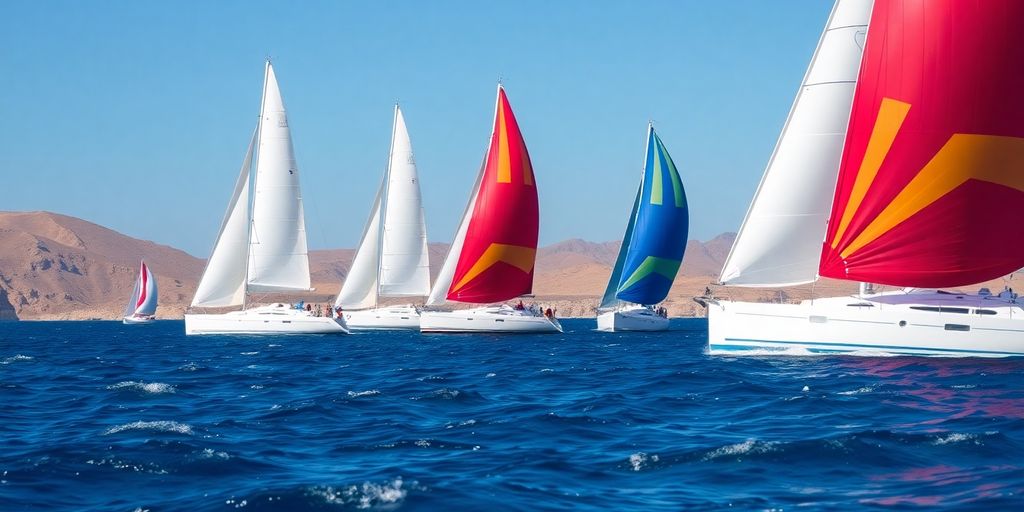 Sailing boats racing in Los Cabos on sunny waters.