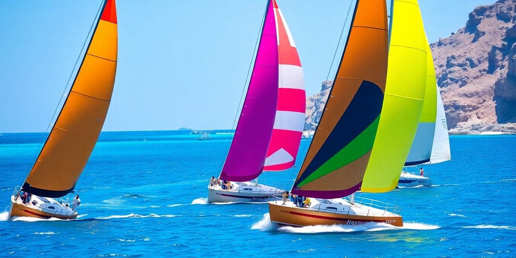 Colorful sailing boats racing in Los Cabos waters.