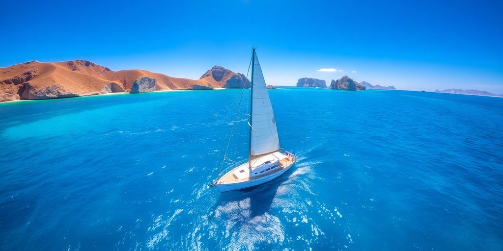 Sailboat on blue waters in Los Cabos.