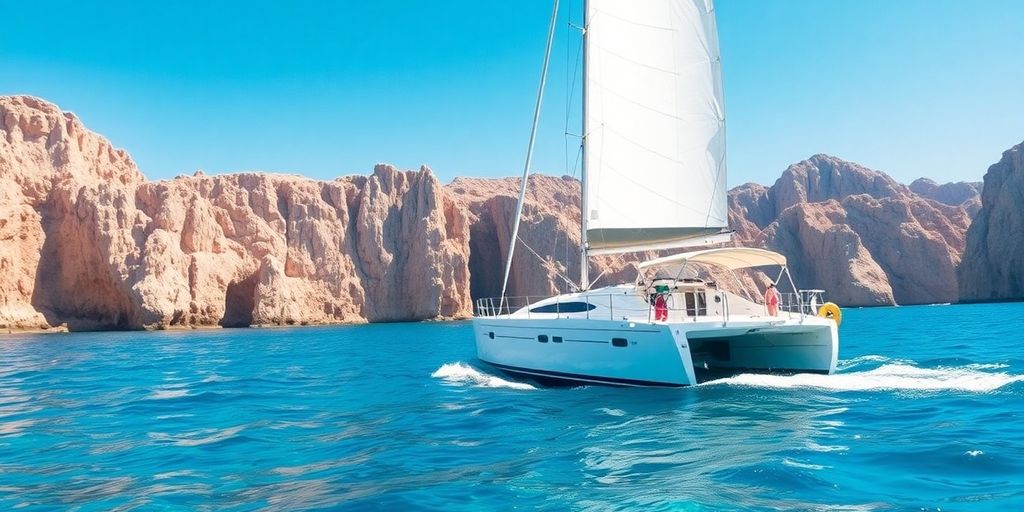 Sailboat on clear waters of Los Cabos coastline.