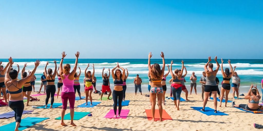 People exercising on the beach under sunny skies.