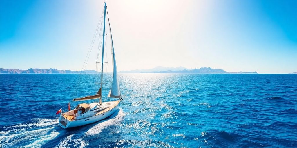 Sailboat on azure waters of Los Cabos in winter.