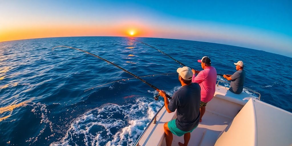 Anglers fishing on a boat in Los Cabos at sunset.