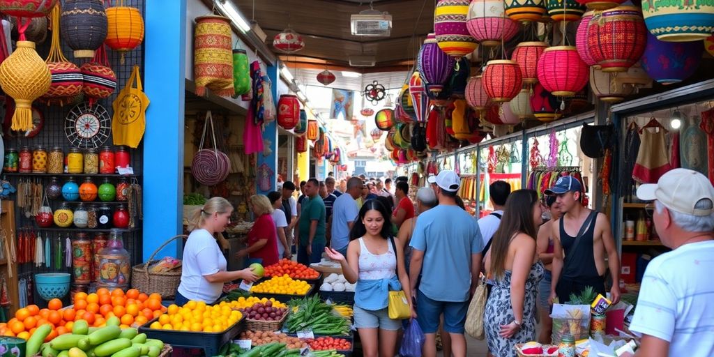 Vibrant market scene in Cabo San Lucas with colorful stalls.