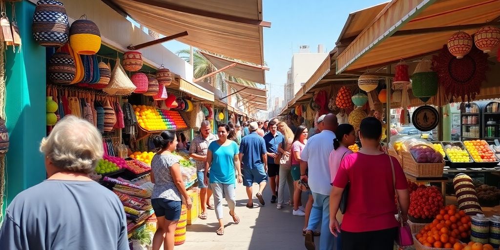 Colorful market scene in Cabo San Lucas with vendors.