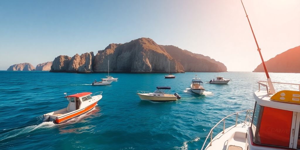 Fishing boats on blue waters in Los Cabos.