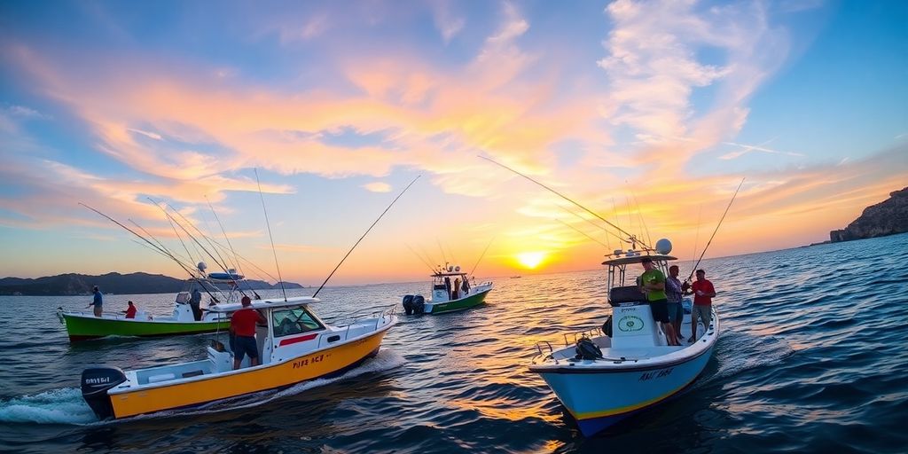 Fishing boats and anglers in Los Cabos at sunset.