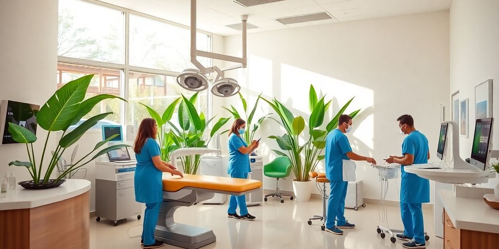 Modern medical clinic with tropical plants and friendly staff.