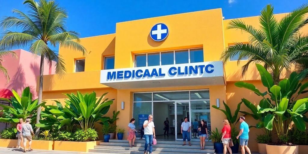 Modern medical clinic in Cabo San Lucas with tropical plants.