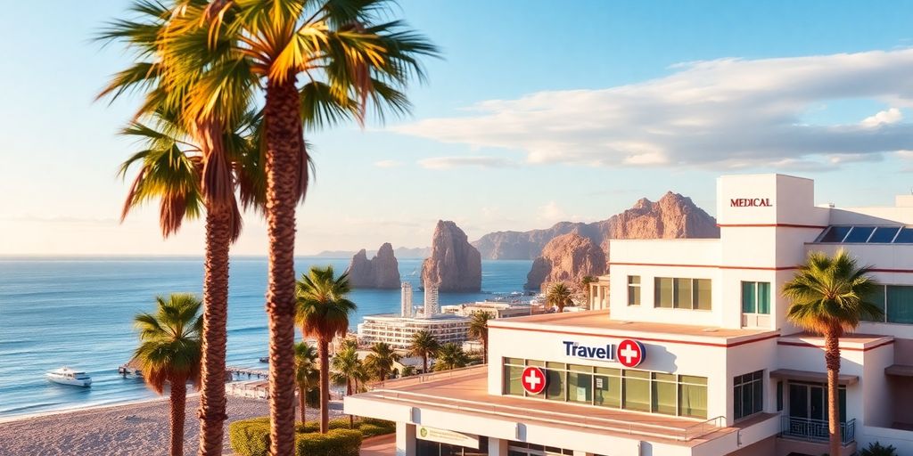 Cabo beach view with a medical facility in foreground.