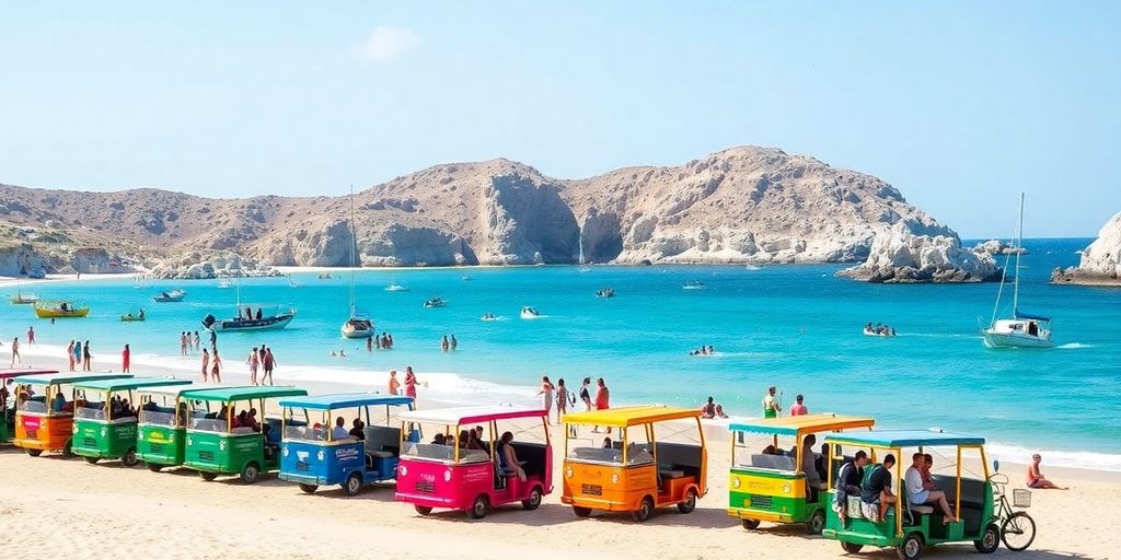 Cabo beach scene with shuttles and tourists enjoying.