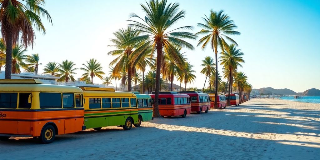 Colorful buses near Cabo beach with palm trees.