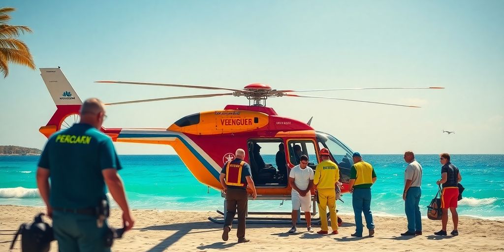 Helicopter on beach for medical evacuation in Cabo.