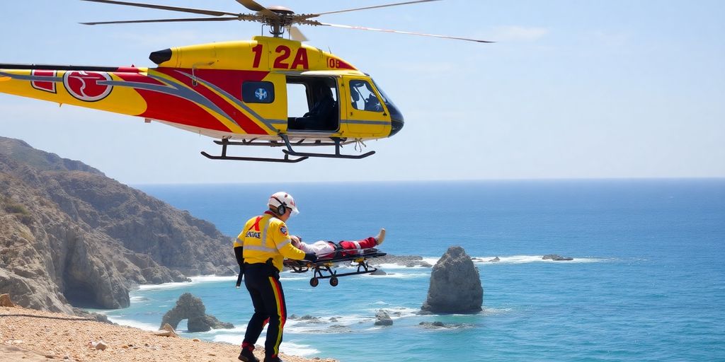 Helicopter medical evacuation at Cabo beach scene.