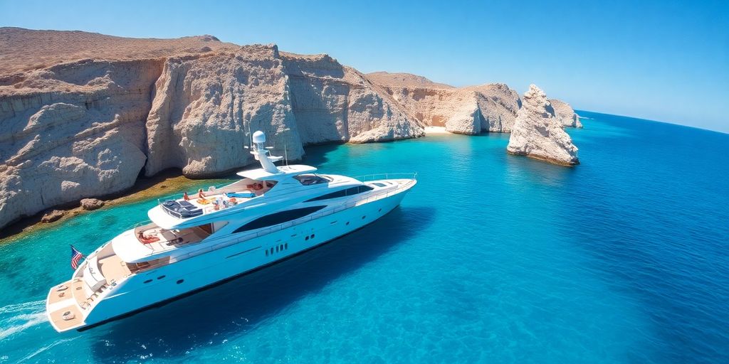 Private yacht in Cabo San Lucas with scenic coastline.