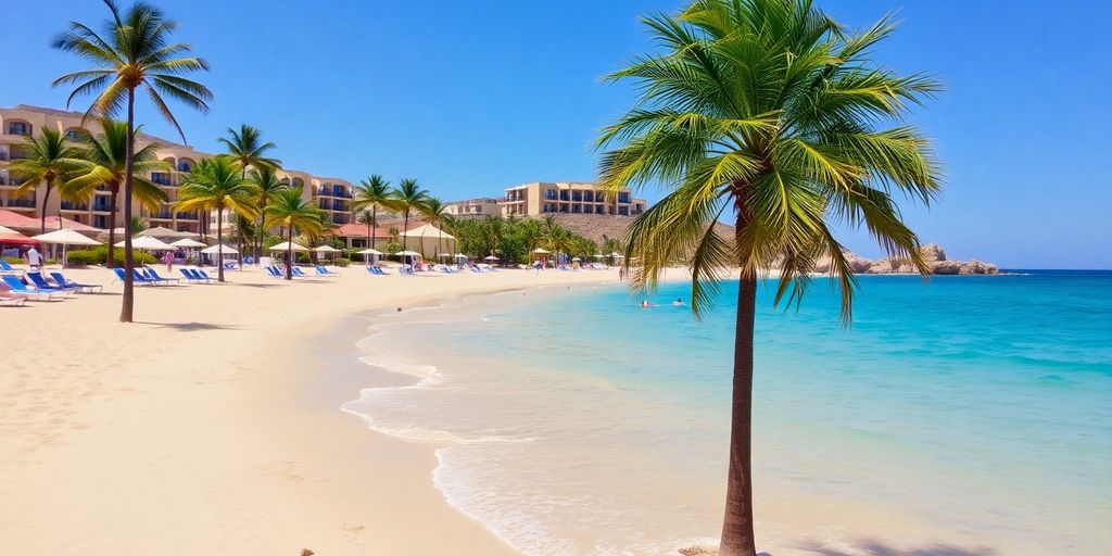 Beach in Cabo San Lucas during low season with palm trees.