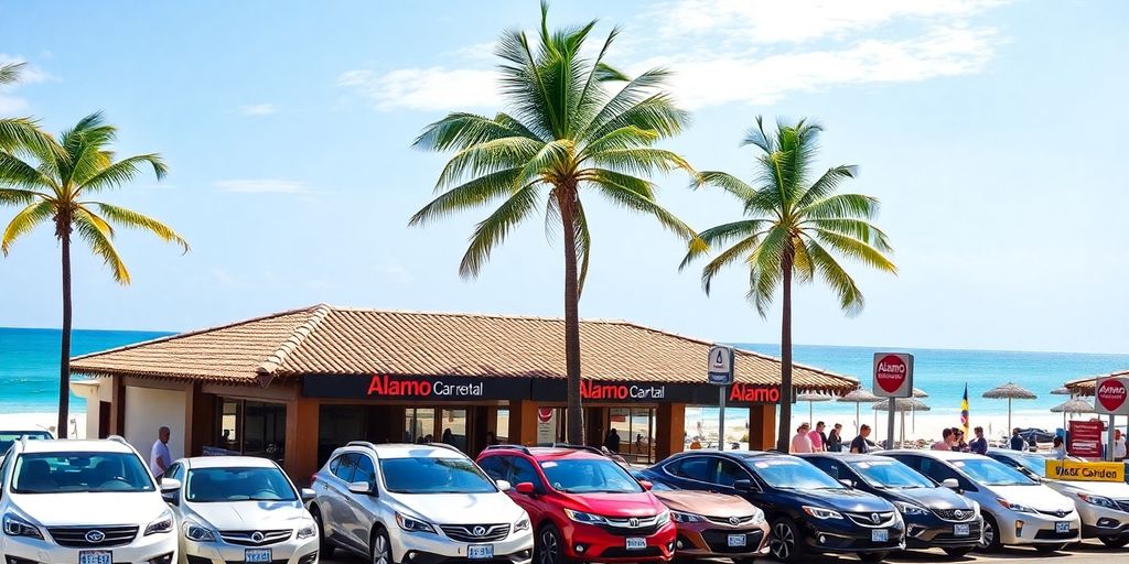 Alamo car rental location in Cabo San Lucas, sunny beach.