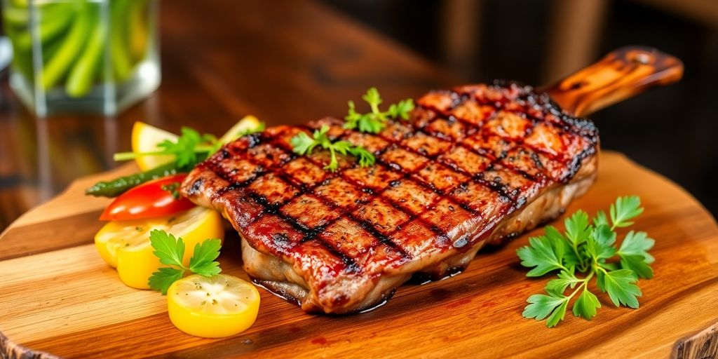 Grilled steak on wooden platter with fresh vegetables.