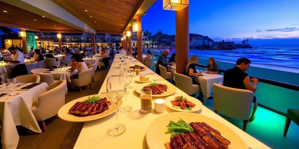 Diners enjoying steaks with ocean views at The Beach Club.