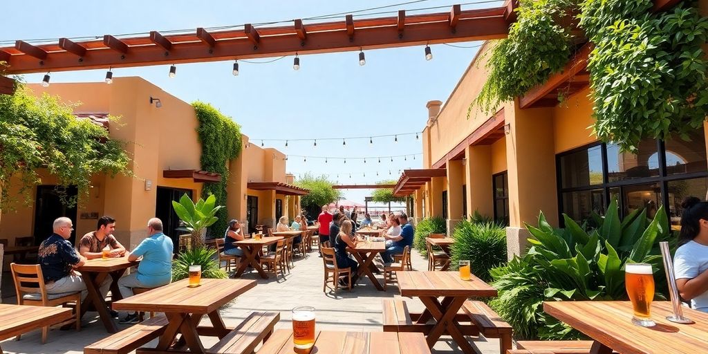Outdoor brewery scene with patrons enjoying craft beers.