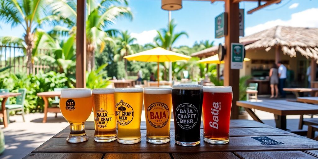 Craft beers on a wooden table at Baja Craft Beer Company.