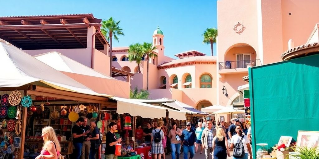 Colorful artisan stalls at Plaza Artesanos market in Los Cabos.