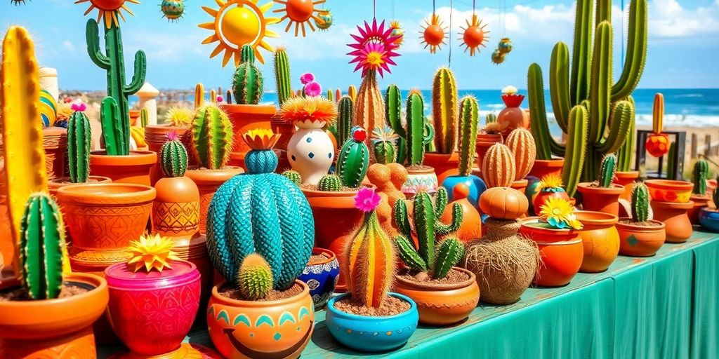 Handcrafted cactus products in Los Cabos, vibrant colors and designs.