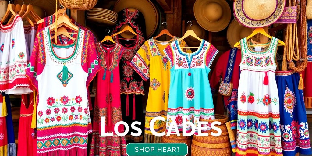 Colorful embroidered clothing displayed in a market setting.