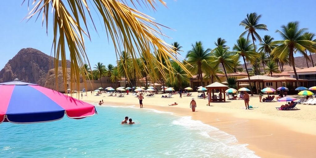Beautiful Blue Flag beach with clear water and palm trees.