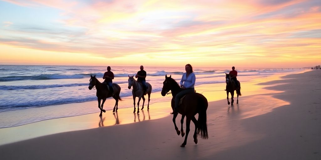Horseback riders on the beach during a vibrant sunset.