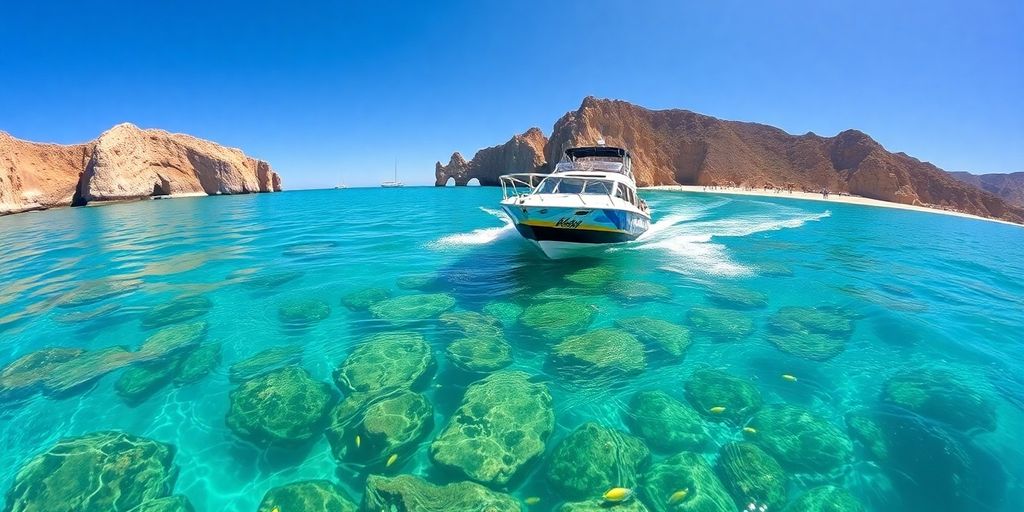 Glass-bottom boat in turquoise water with marine life visible.
