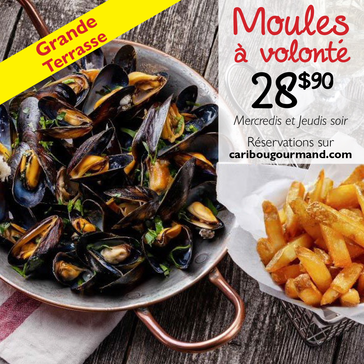 Plat de moules avec frites, promotion Grande Terrasse, moules à volonté 28,90 $ les mercredis et jeudis.