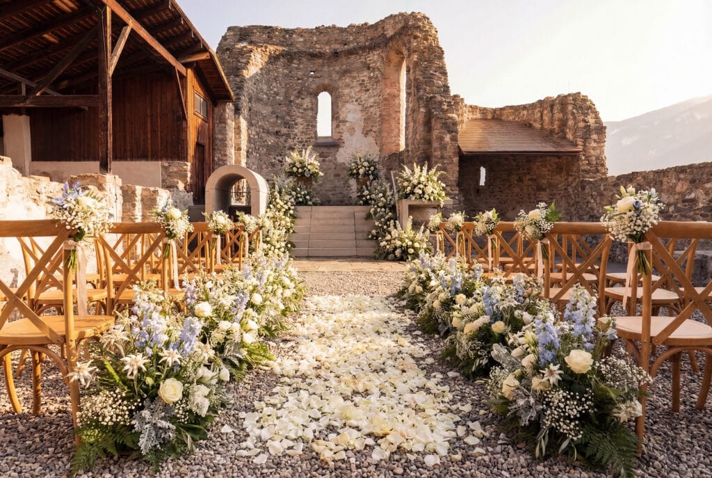 Cerimônia de casamento em ruínas históricas decoradas com flores brancas