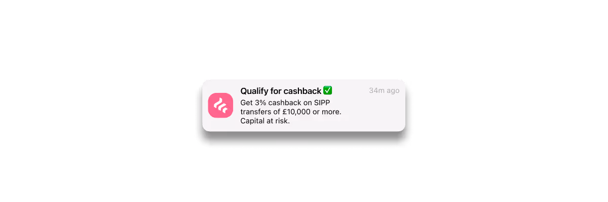Mobile device notification banner with the Freetrade logo and a headline "Qualify for cashback"