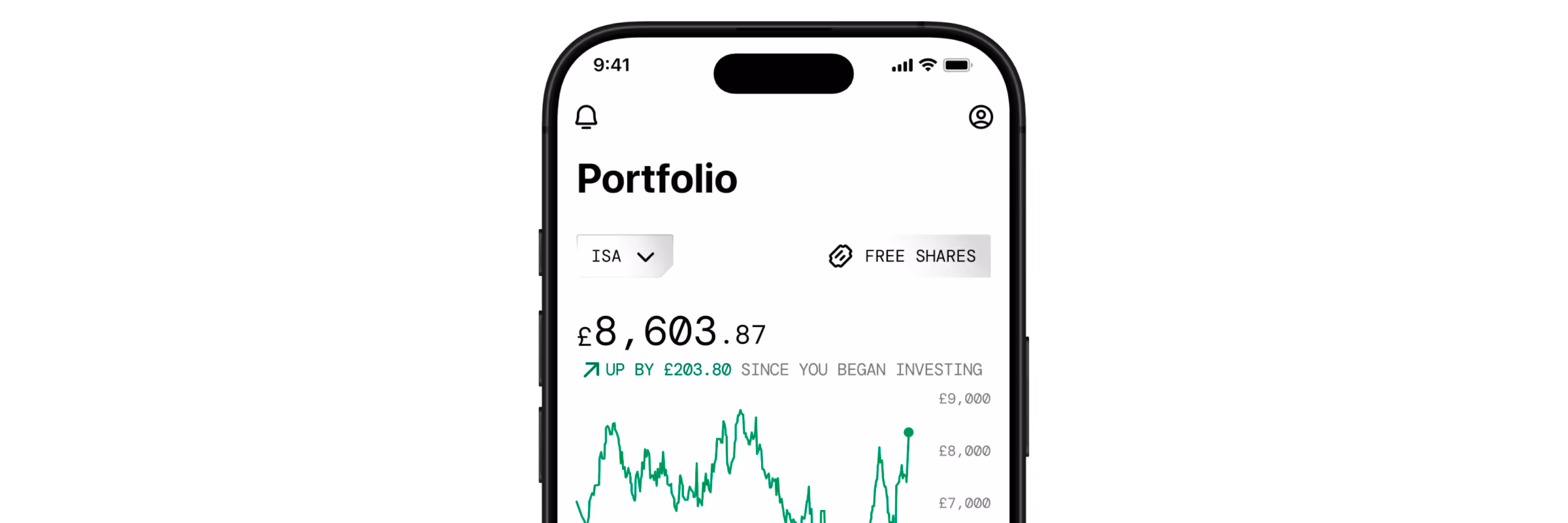 Top half of a mobile phone showing the Freetrade app's portfolio screen for the ISA