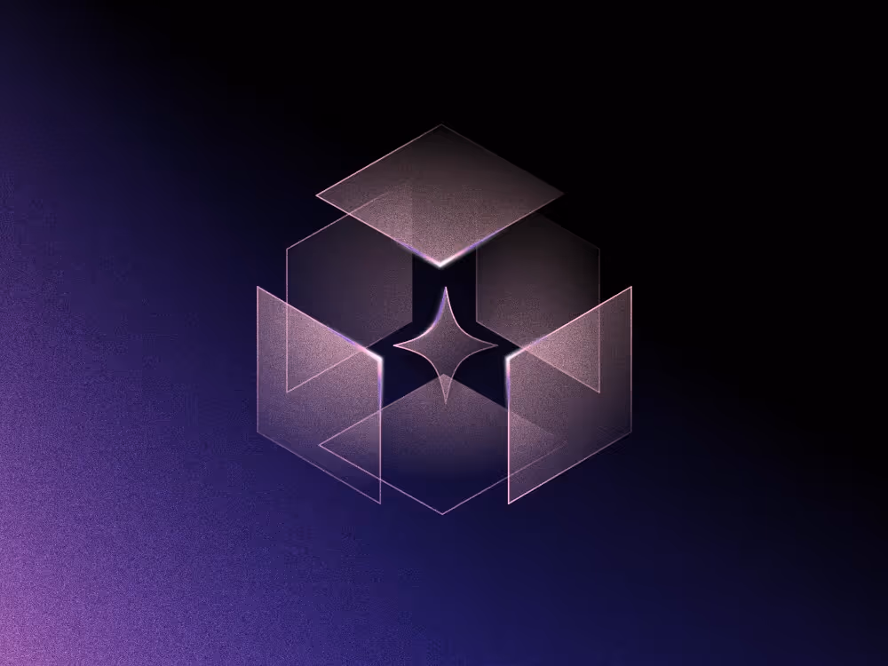 Star enclosed within deconstructed cube on black and blue background