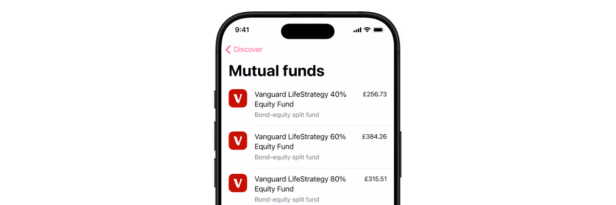 Mobile screen showing various mutual funds in the Freetrade App