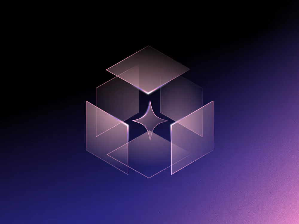 Illustration of an exploded-view cube with a sparkle inside, on a pink-to-purple gradient background.
